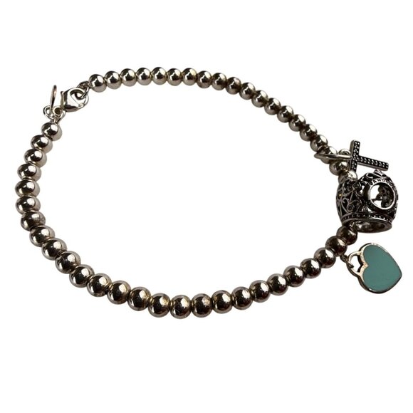 Tiffany & Co. AG925 Womens Silver-Tone Beaded Charm Bracelet With Heart & Cross - Picture 2 of 11